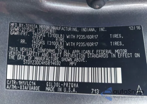 2017 Toyota Sienna Xle 8 Passenger z USA, uszkodzony, nr VIN 5TDYZ3DC4HS814692